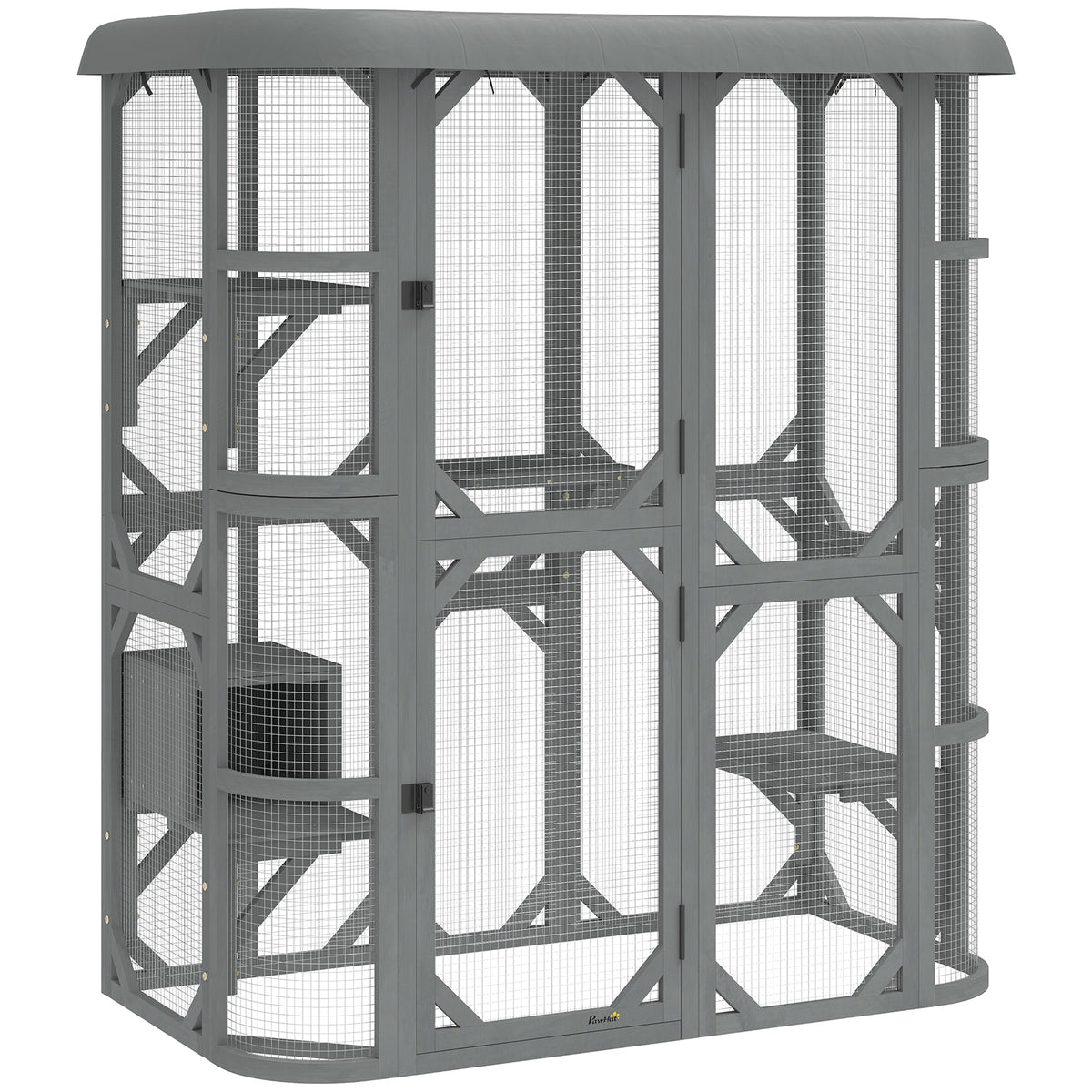 PawHut Catio Outdoor Cat Enclosure, Wooden Cat House with Platforms, Condo and Waterproof Cover for 2-3 Kittens, Grey