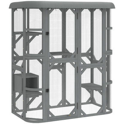 PawHut Catio Outdoor Cat Enclosure, Wooden Cat House with Platforms, Condo and Waterproof Cover for 2-3 Kittens, Grey