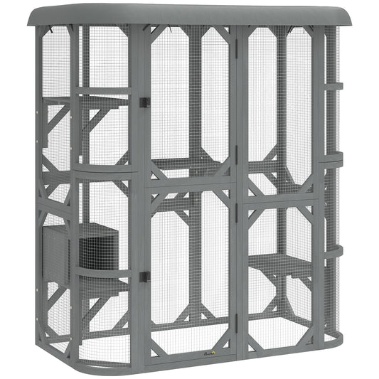 PawHut Catio Outdoor Cat Enclosure, Wooden Cat House with Platforms, Condo and Waterproof Cover for 2-3 Kittens, Grey