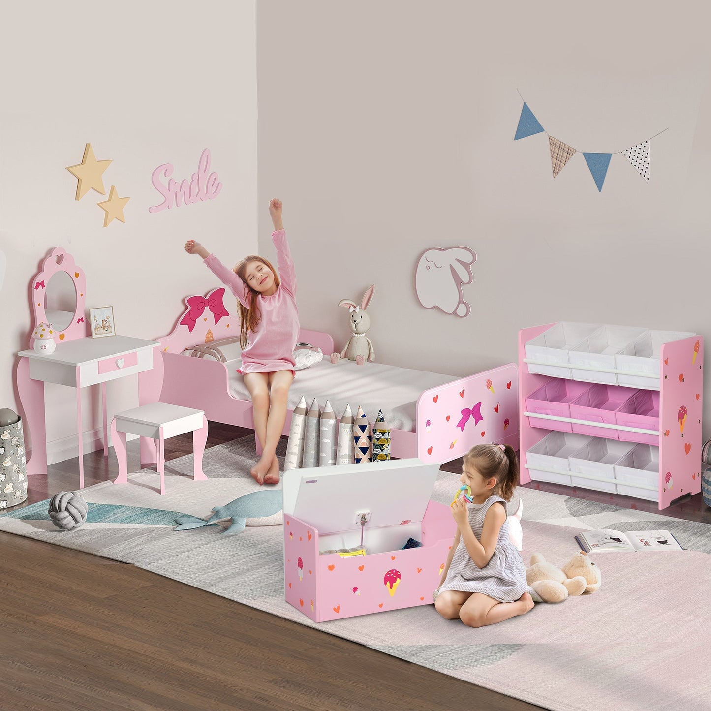 ZONEKIZ 5PCs Kids Bedroom Furniture Set with Bed, Toy Box Bench, Storage Unit, Dressing Table and Stool, Princess Themed, for 3-6 Years Old, Pink