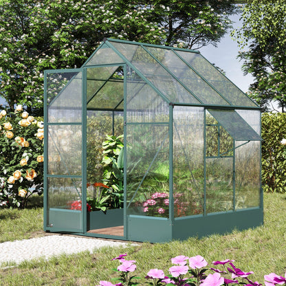 Outsunny Garden Walk-in Aluminium Greenhouse Polycarbonate with Plant Bed, Temperature Controlled Window, Foundation, 6 x 6ft