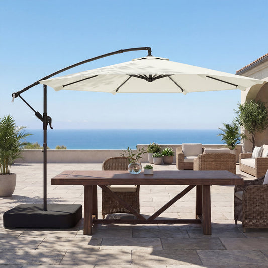 Outsunny 3 m Garden Cantilever Parasol with Cross Base, Sandbag, 360Â° Rotating Overhanging Banana Umbrella, Cream White