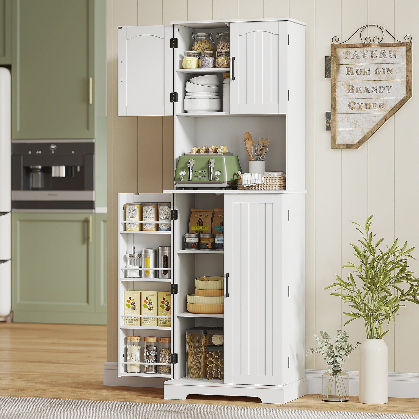 HOMCOM Tall kitchen buffet kitchen cabinet, 4 doors countertop 8 spice racks adjustable shelves 60x40x181.5cm white