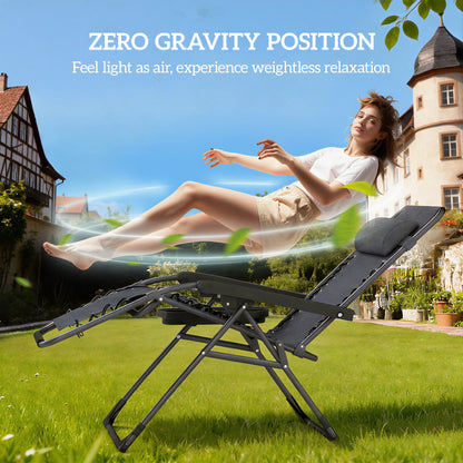 Outsunny Zero Gravity Chairs Set of 2, Folding Sunloungers Reclining Garden Chairs with Cup Holder, Headrest, Dark Grey