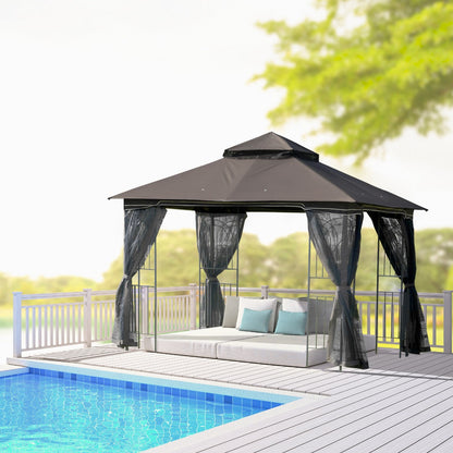 Outsunny Gazebo Garden Outdoor Canopy Double Tier Roof with Removable Mesh Curtains Display Shelves Top Hooks-Coffee