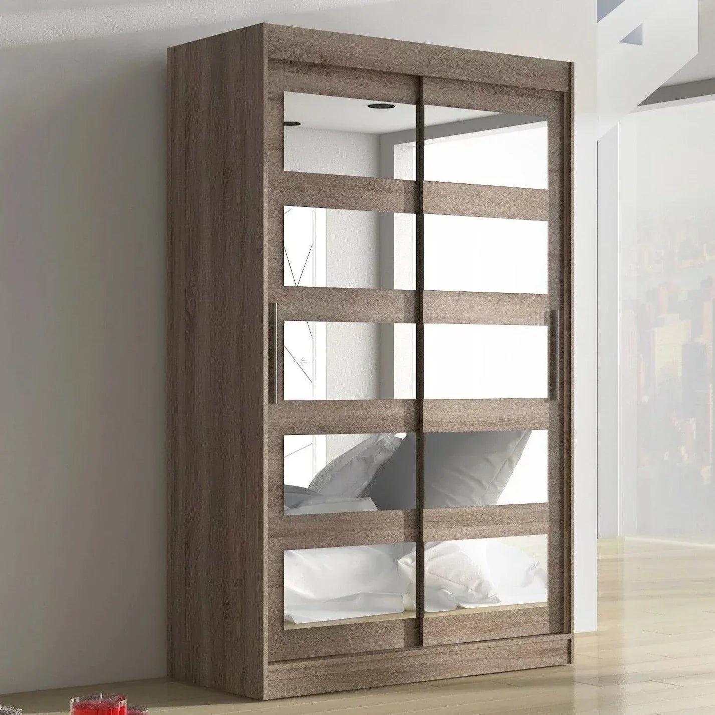 Salvo 2-Door Mirrored Sliding Wardrobe 120cm - Brown, Truffle Oak or Sonoma Oak