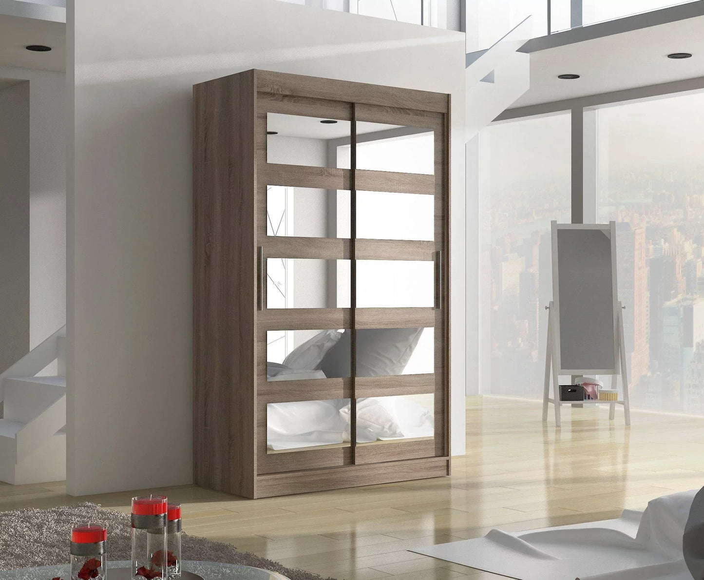 Salvo 2-Door Mirrored Sliding Wardrobe 120cm - Brown, Truffle Oak or Sonoma Oak