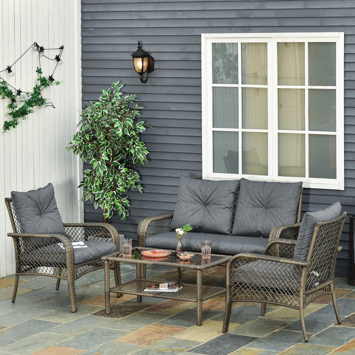 Outsunny 4-Seater Patio PE Rattan Wicker Sofa Sets Outdoor All Weather Conversation Furniture w/ Two Tier Tea Table & Cushions for Backyard Garden Grey