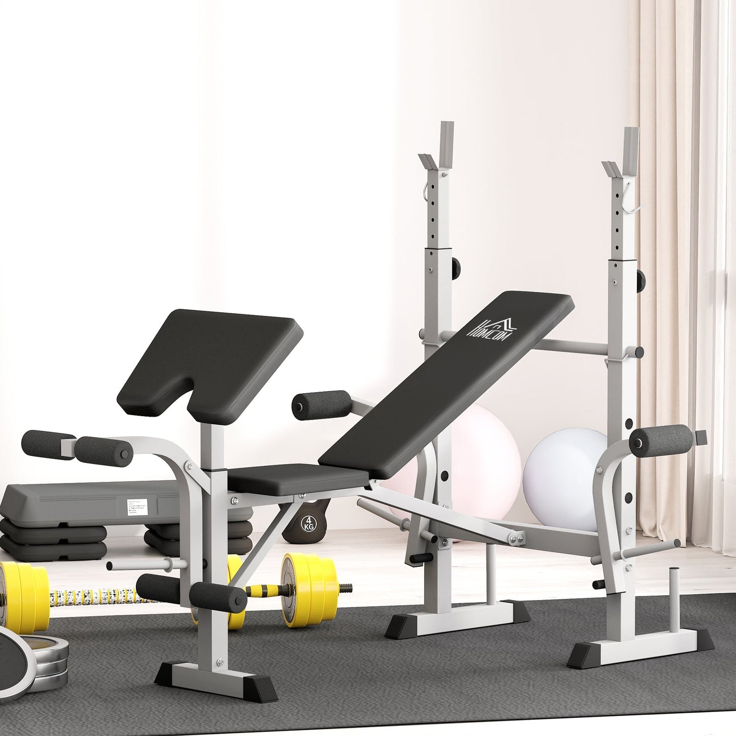 HOMCOM Adjustable Weight Bench with Squat Rack, Heavy Duty Bench Press Rack with Preacher Curl Pad, Leg Developer, Barbell Rack, Butterfly, Home Gym Strength Training Multiuse Workout Bench, Grey