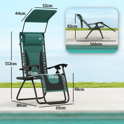 Fotel wypoczynkowy Outsunny Zero Gravity, składany, rozkładany fotel ogrodowy z osłoną przeciwsłoneczną, wyściełanym siedziskiem, uchwytem na kubek, miękką poduszką i zagłówkiem, do użytku przy basenie, kempingowy, zielony