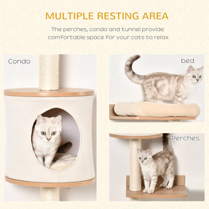 PawHut Wall-Mounted Cat Tree, with Cat House, Bed, Scratching Post - Beige