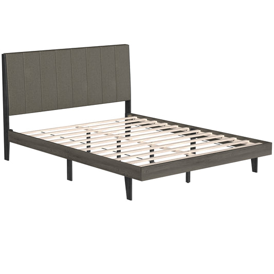 Upholstered Bed Frame Wooden Slats Support Mattress Foundation