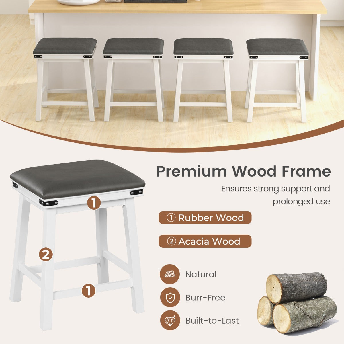 Set of 4 62 cm Height Upholstered Backless Bar Stools with PU Leather Padded Seat-White