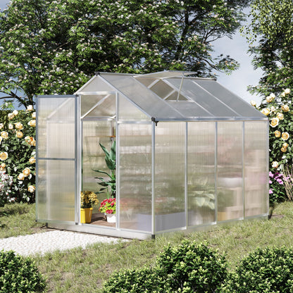 Outsunny 6 x 8ft Polycarbonate Greenhouse with Rain Gutters, Large Walk-In Green House with Door and Window, Garden Plants Grow House with Aluminium Frame