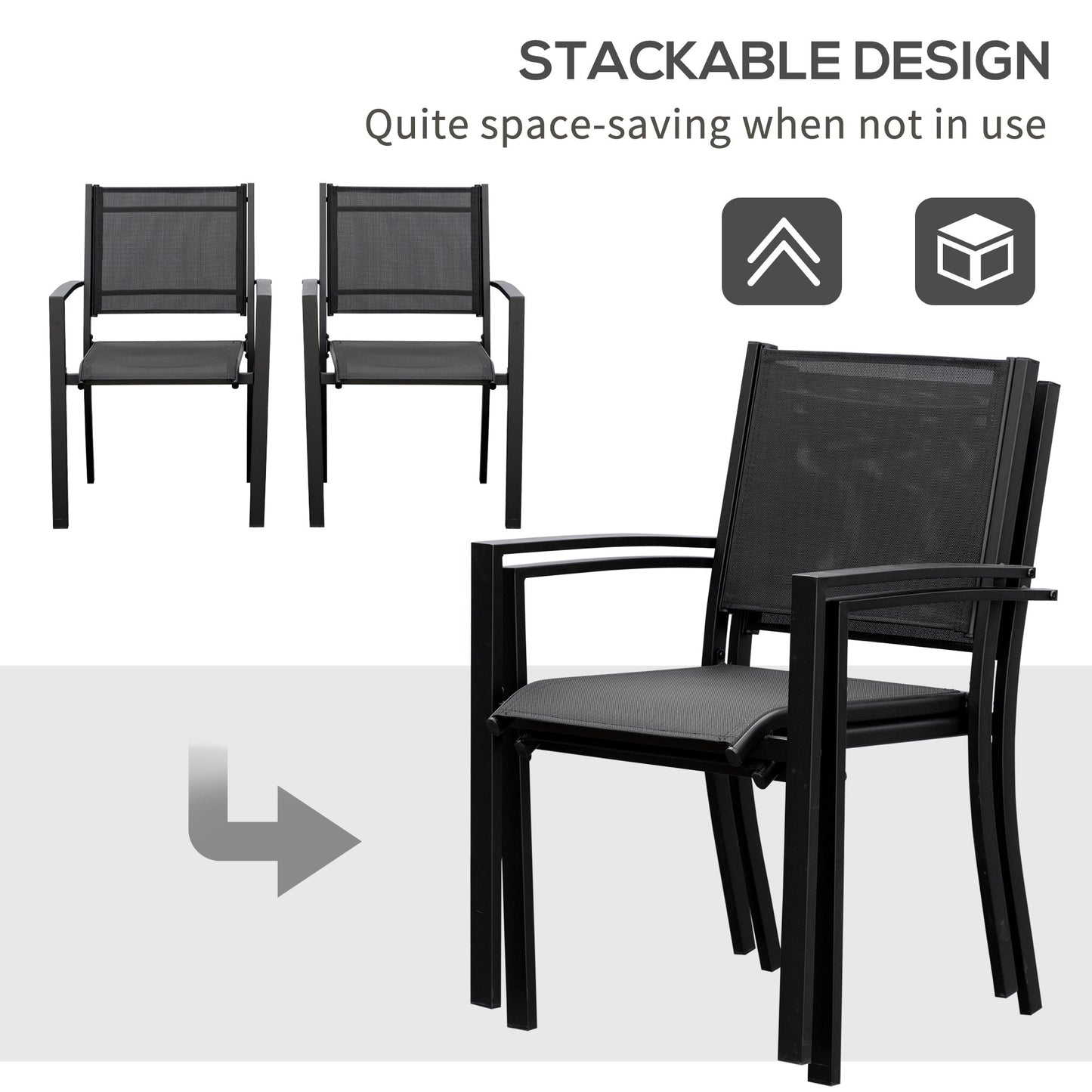 Set of 2 Outdoor Garden Chairs with Steel Frame Texteline Seats for Dining Patio Balcony Black