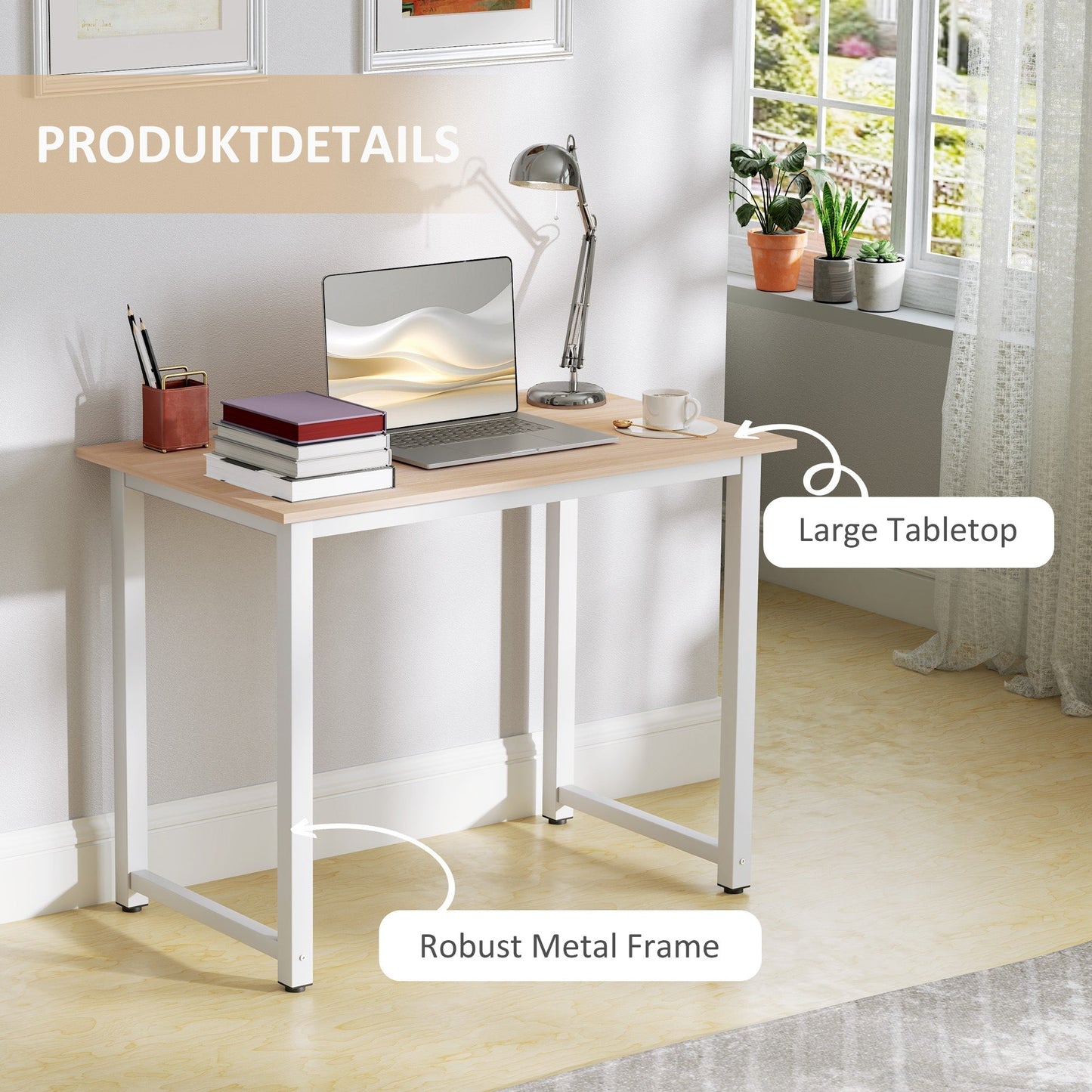 HOMCOM Computer Desk, Writing Table, 100 x 60 x 76cm Workstation for Home Office, Study with Metal Frame, Simple Assembly, White