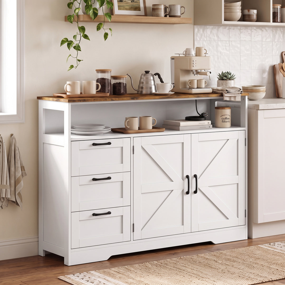 HOMCOM Sideboard Cabinet with Power Outlet, Farmhouse Kitchen Cabinet with 3 Drawers and Open Shelf, White