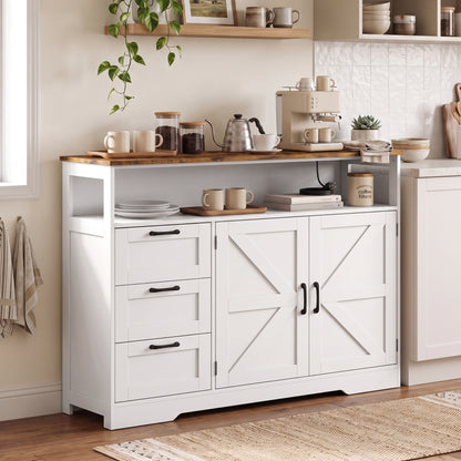 HOMCOM Sideboard Cabinet with Power Outlet, Farmhouse Kitchen Cabinet with 3 Drawers and Open Shelf, White