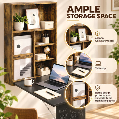 HOMCOM Folding Wall-Mounted Drop-Leaf Table, Convertible Wall Table With Chalkboard and Storage Shelf, Rustic Brown