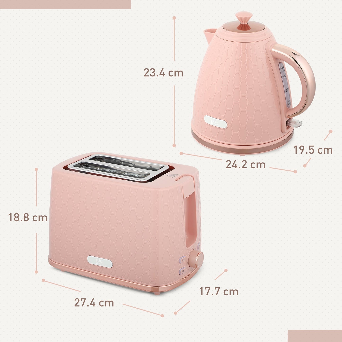 HOMCOM 1.7L 3000W Fast Boil Kettle & 2 Slice Toaster Set, Kettle and Toaster Set with Auto Shut Off, Browning Controls, Light Pink