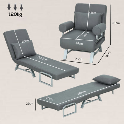 HOMCOM Single Sofa Bed, 3-in-1 Convertible Folding Chair Bed with Adjustable Backrest, Removable Armrests, Dark Grey
