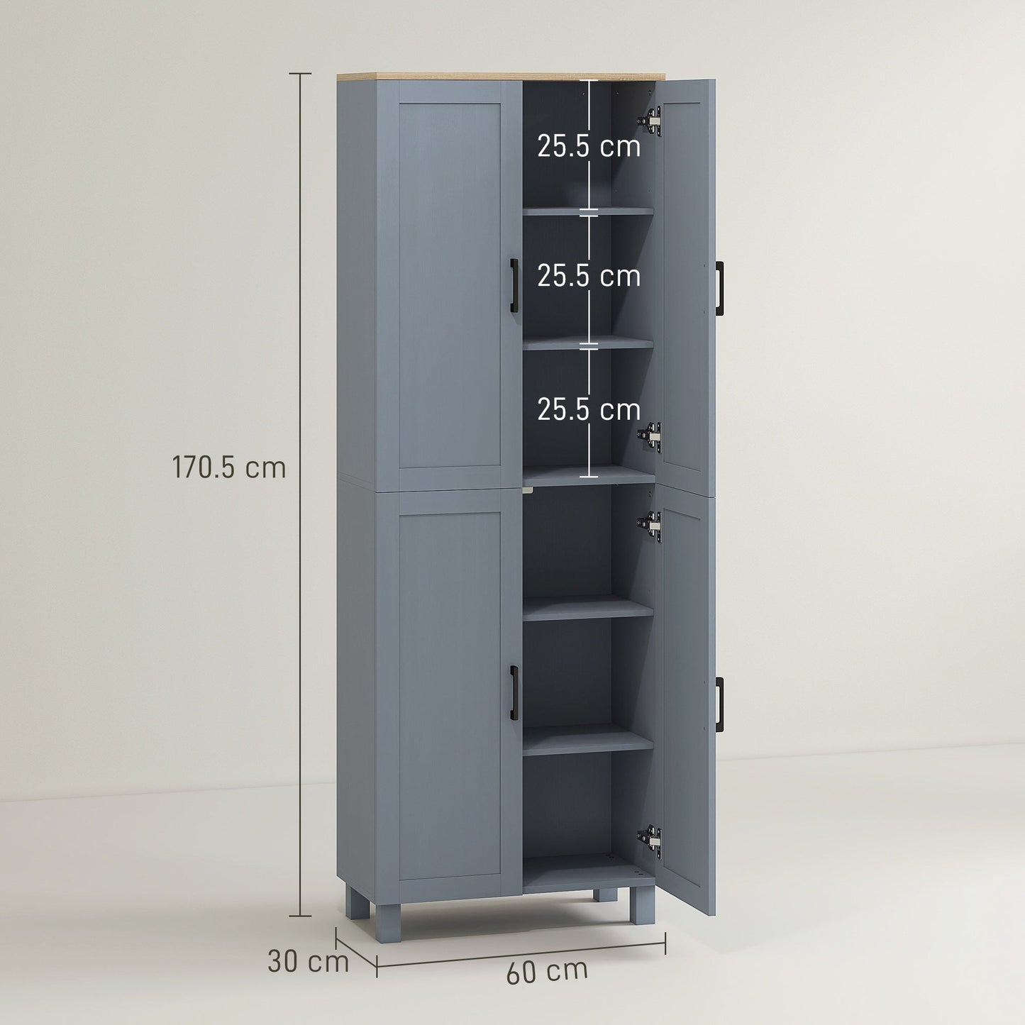 HOMCOM Freestanding Kitchen Cupboard, 4-Door Storage Cabinet with Adjustable Shelves, Modern Kitchen Pantry for Dining Room, 170cm, Grey Wood Effect