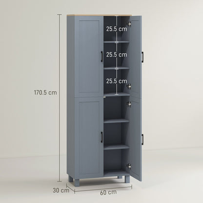 HOMCOM Freestanding Kitchen Cupboard, 4-Door Storage Cabinet with Adjustable Shelves, Modern Kitchen Pantry for Dining Room, 170cm, Grey Wood Effect