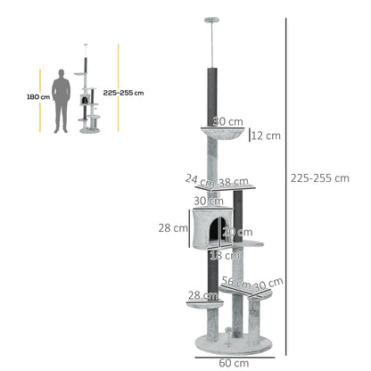 PawHut 255cm Floor to Ceiling Cat Tree with Scratching Posts, Height Adjustable Cat Tower with Hammock, House, Anti-tipping Kit, Perches, Toys, Grey