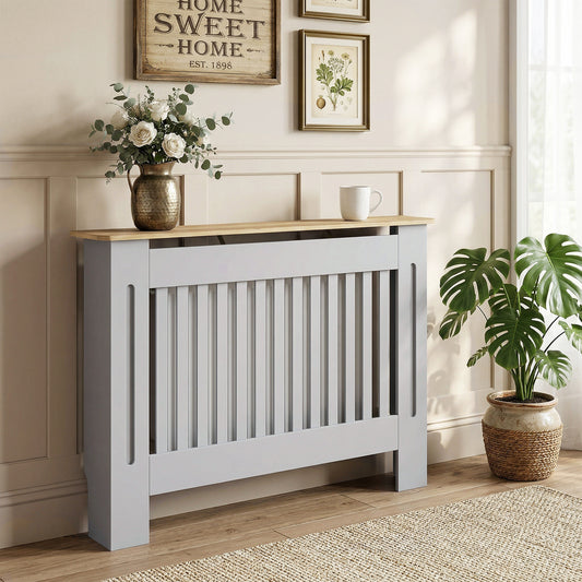 HOMCOM Slatted Radiator Cover, Painted Cabinet with Line Grill Design, 112L Ã 19W Ã 81H cm, Grey