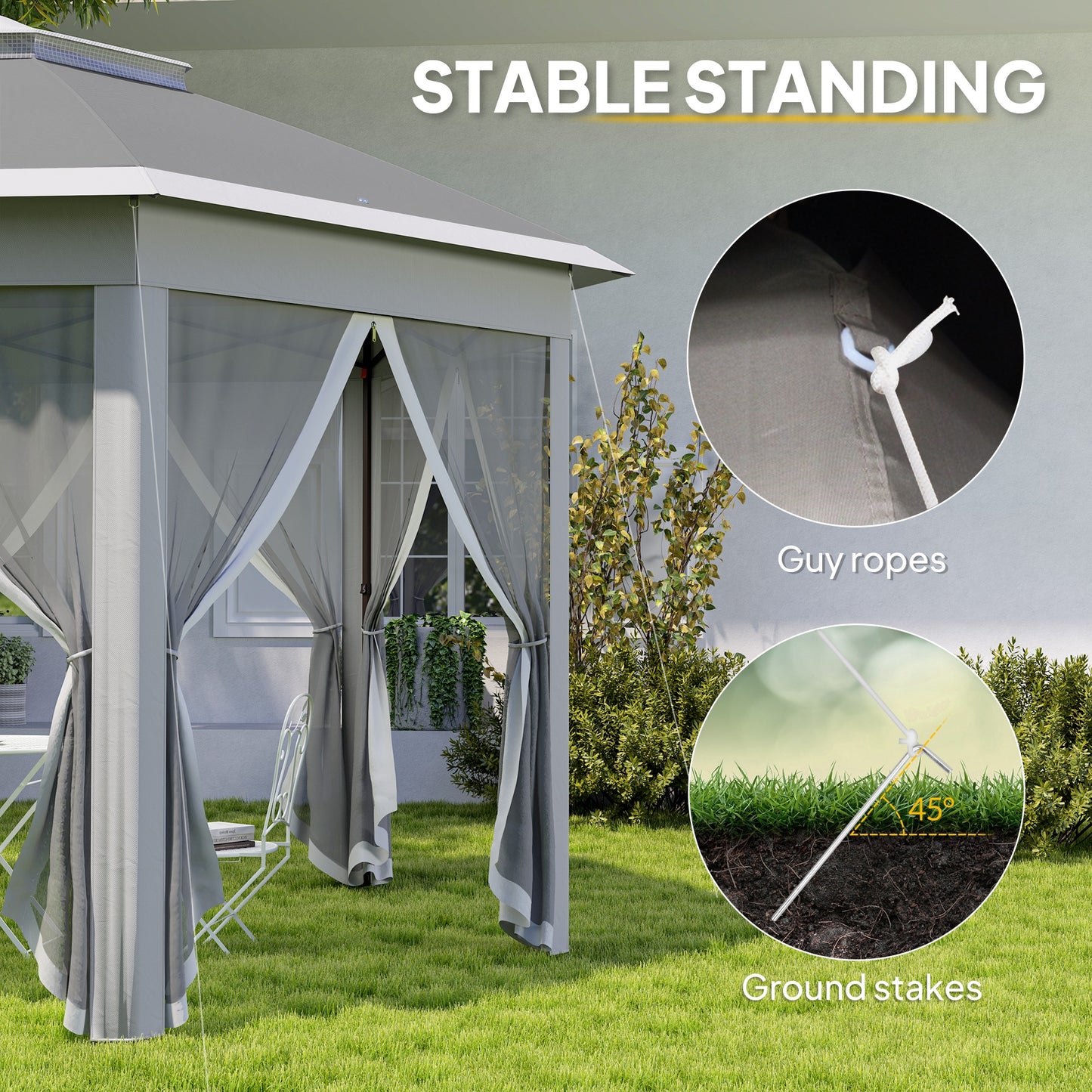 Outsunny 3 x 4m Altana ogrodowa Hexagon Pop Up Altana imprezowa Baldachim Podwójny dach Natychmiastowe schronienie z siatką i torbą transportową na patio na zewnątrz, ciemnoszary