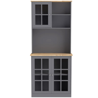 HOMCOM Kitchen Pantry, Buffet Hutch with 3 Storage Cabinets, 2 Open Shelves and Large Countertop for Kitchen, Grey