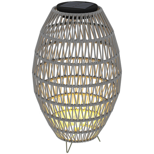 Lampa solarna Outsunny Rattan, ogrodowa lampa solarna z automatycznym włączaniem/wyłączaniem, wodoodporna IP44, dekoracyjna lampa zewnętrzna z rattanu na werandę i ścieżkę, szara