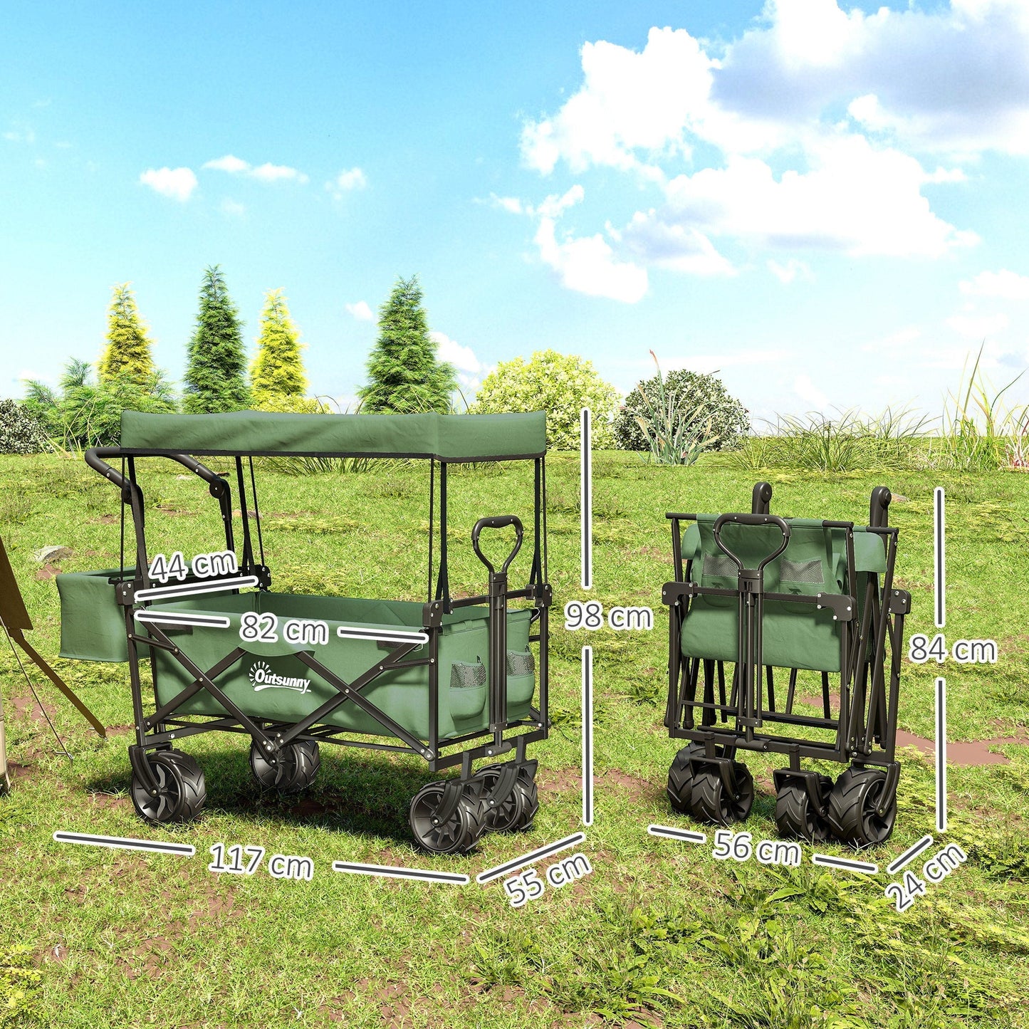 Outsunny Folding Trolley Cart Storage Wagon Beach Trailer 4 Wheels with Handle Overhead Canopy Cart Push Pull for Camping, Green
