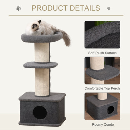 PawHut Cat Tree Kitten Tower متعدد المستويات، أثاث الحيوانات الأليفة مع عمود خدش من السيزال، مجثم قطيفة باللون الرمادي