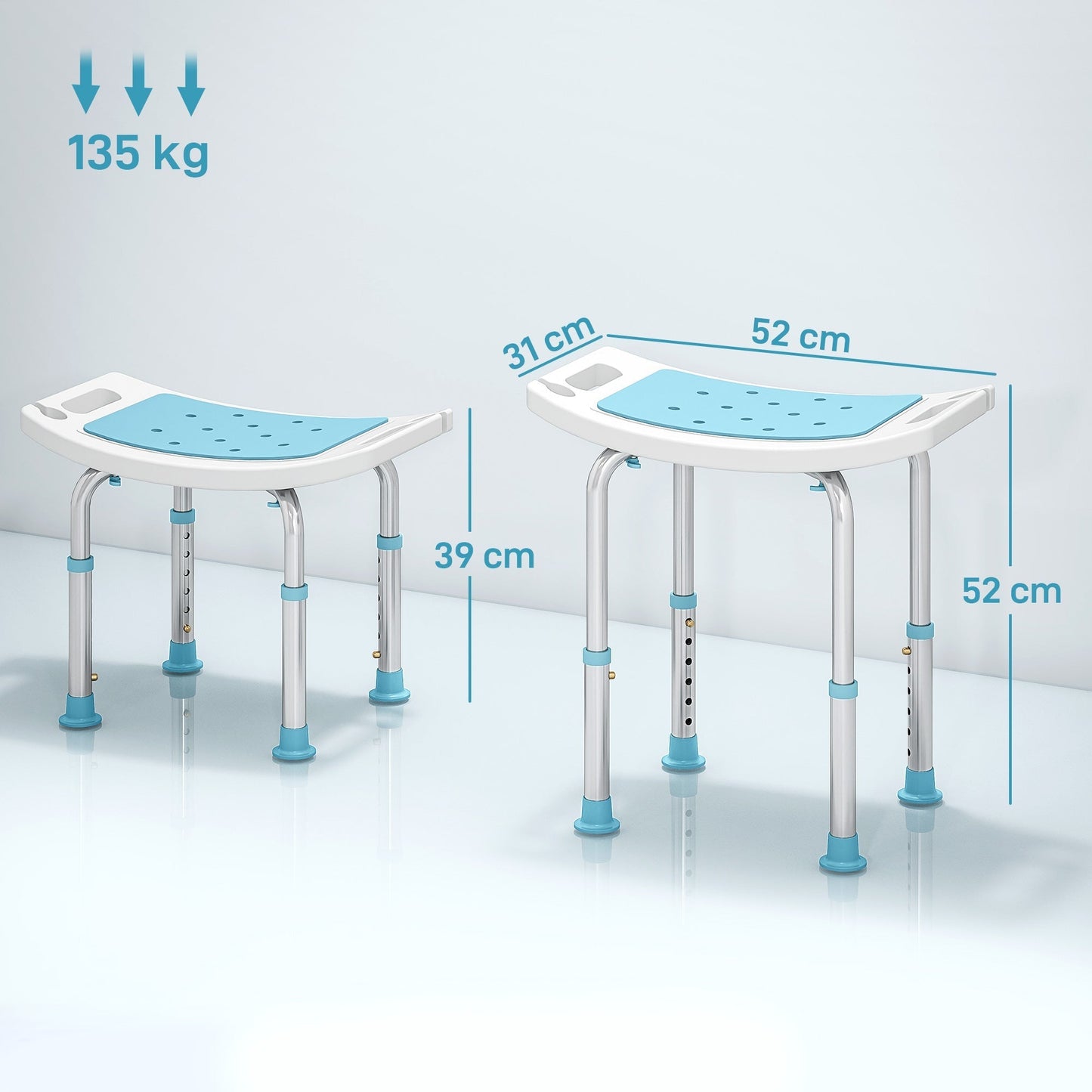 HOMCOM 6-Level Height Adjustable Aluminium Bath Room Stool Chair Shower Non-Slip Design w/ Padded Seat Drainage Holes Foot Pad, Turquoise