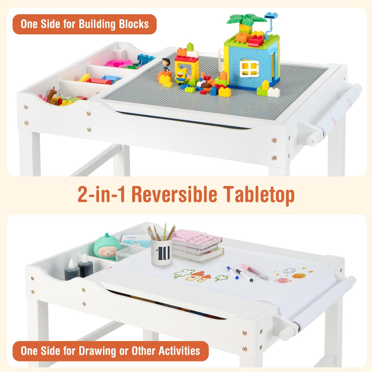 Wooden Children Activity Table with Reversible Tabletop-White