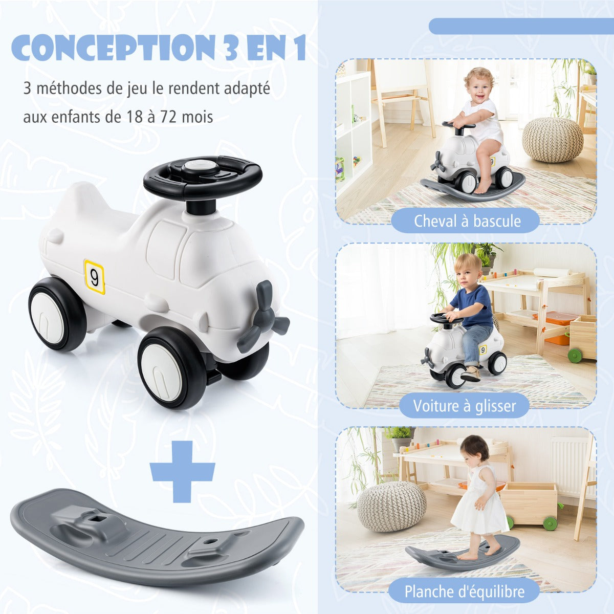 3-in-1 Rocking Horse and Sliding Car with Detachable Balance Board