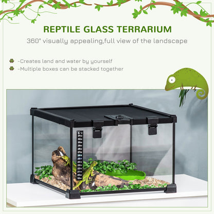 PawHut 30 x 30 x 20 cm Reptile Glass Terrarium, Reptile Breeding Tank, Climbing pet Glass Containers, Arboreal Box, with Strip Patch Thermometer-Black