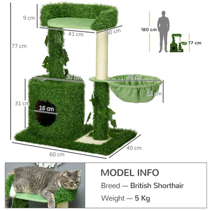 PawHut 77cm Cat Tree for Indoor Cats with Green Leaves, Scratching Posts, Hammock - Green