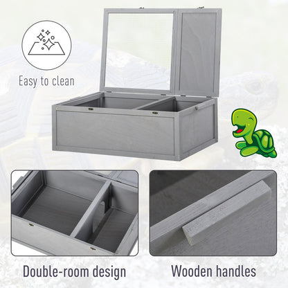 PawHut 94 cm Wooden Tortoise House Turtle Habitat Small Reptile Cage Enclosure with Two Room Grey