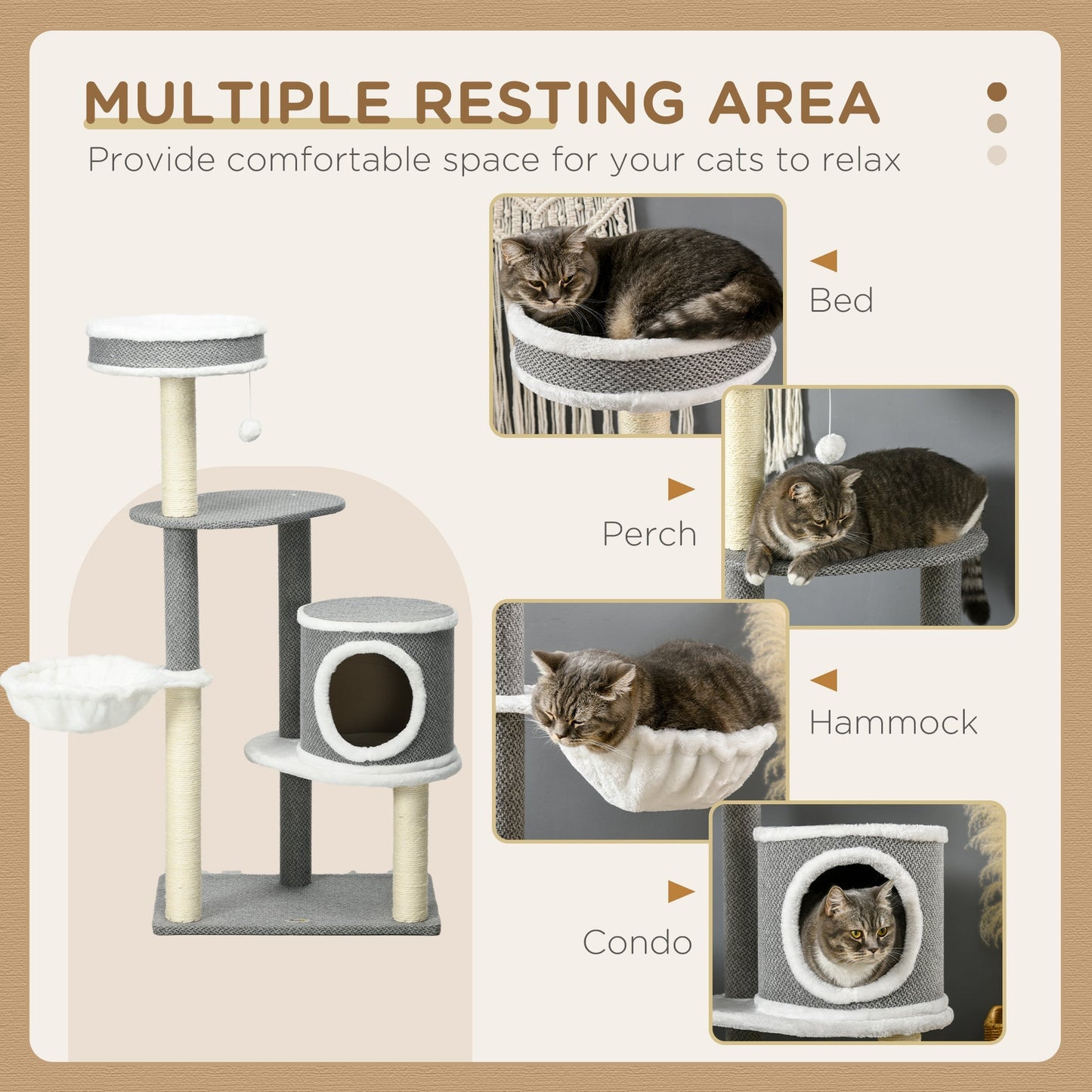 PawHut Cat Tree for Indoor Cats, Cat Tower with Scratching Posts, Multi-level Kitten Climbing Tower, 124cm