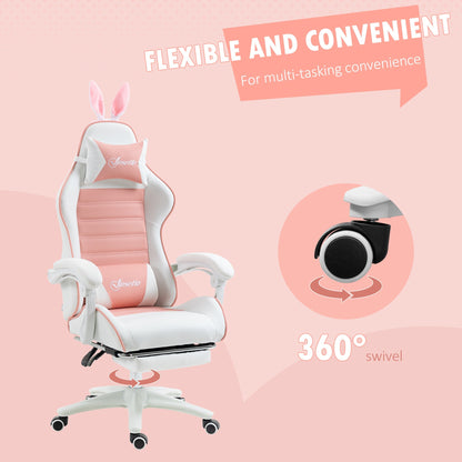 Vinsetto Racing Gaming Chair, Reclining PU Leather Computer Chair with Removable Rabbit Ears, Footrest, Headrest and Lumber Support, Pink