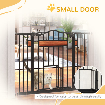 Bramka zabezpieczająca dla zwierząt PawHut Pet Gate z drzwiczkami dla kota, zamykana automatycznie, na schody, drzwi, korytarze, szerokość 74-105 cm - czarna