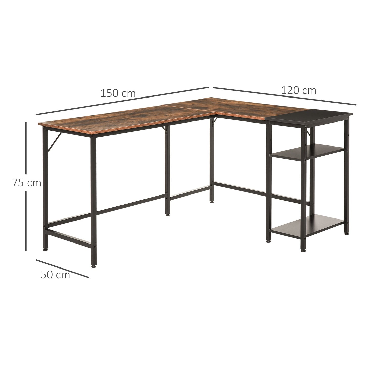 Biurko komputerowe HOMCOM w kształcie litery L, industrialne, narożne, z regulowaną półką, oszczędzające miejsce, domowe biuro, 150 x 120 x 75 cm, rustykalny brąz