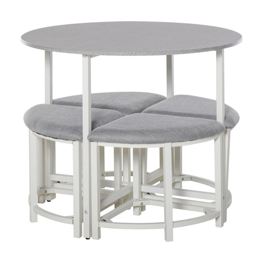 HOMCOM Modern Round Dining Table Set with 4 Upholstered Stools for Dining Room, Kitchen, Grey
