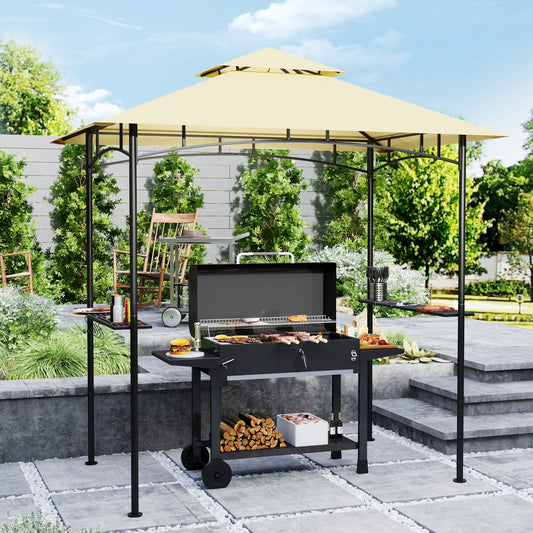 Altana grillowa Outsunny 8' x 5', dwupoziomowa altana grillowa z baldachimem i oświetleniem LED, 2 półki boczne, haczyki, beżowa