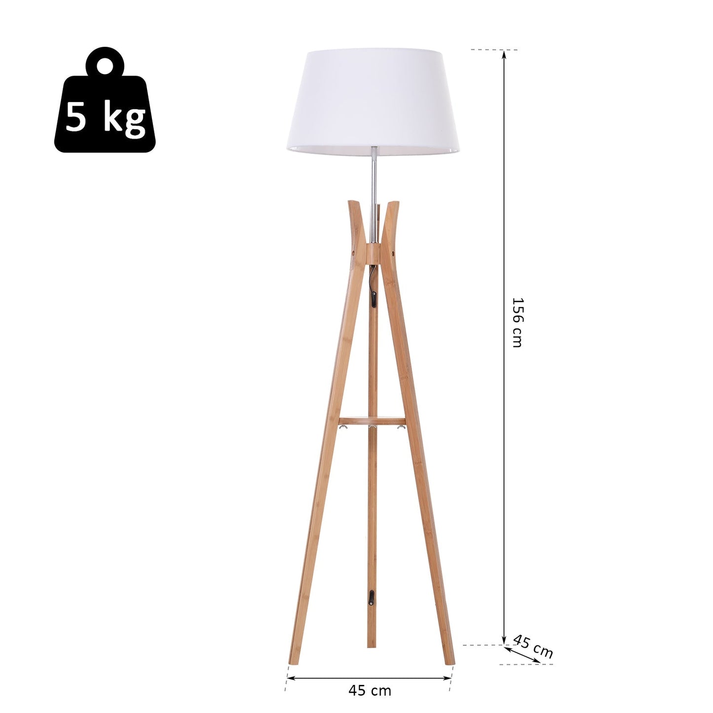 Tripod Floor Lamp Light E27 Base Bedroom Living Room Natural Wooden Fabric Shade Storage Shelf Foot Switch, 156cm, White