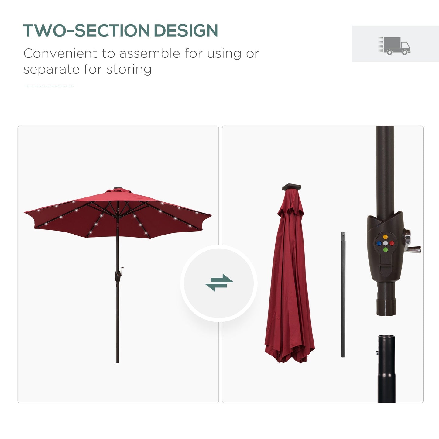 Outsunny Φ2.7m Garden 24 LED Light Parasol Solar Outdoor Tilt Sun Umbrella Patio Club Party Event Manual Sun Shade w/ Hand Crank and 8 Ribs Red