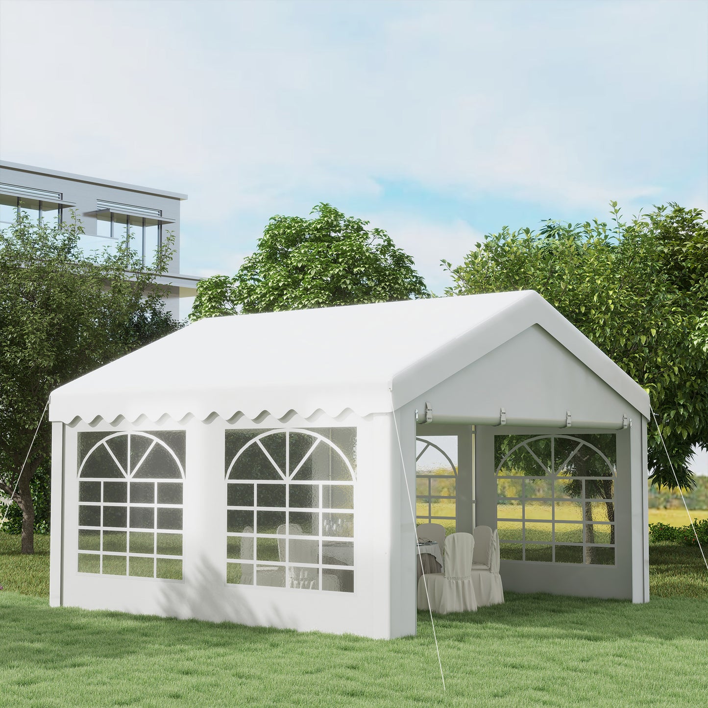 Outsunny 4m x 4m namiot imprezowy baldachim ślubny, rozkładana altana ze ścianami bocznymi, drzwiami, oknami, ocynkowana altana ogrodowa na imprezy, wydarzenia, biała