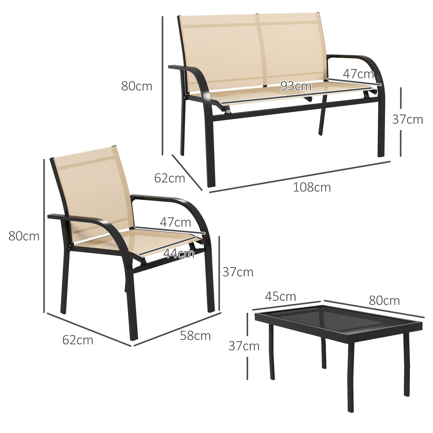 4 Piece Curved Steel Outdoor Furniture Set w/ Loveseat, 2 Texteline Seats, Glass Top Table Garden Balcony Patio Furniture - Beige